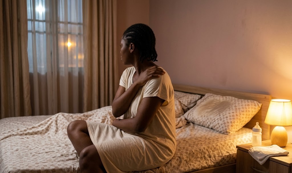 Woman sitting on bed
